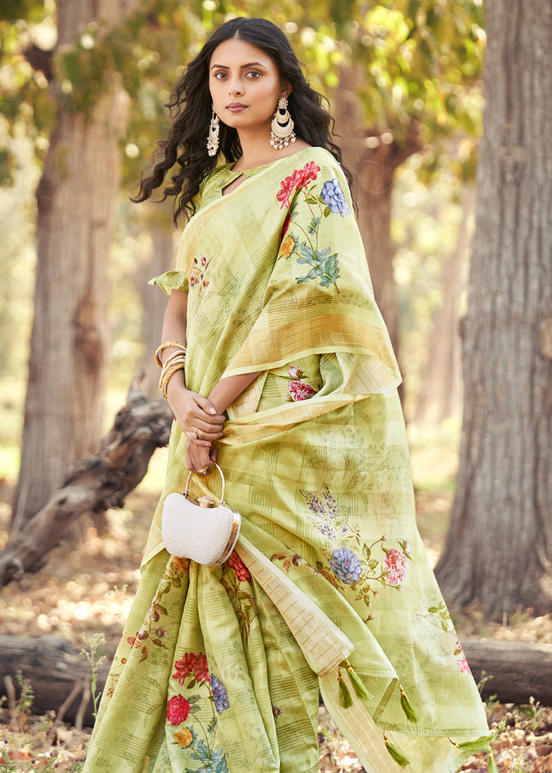 Lashkaraa Floral Print And Cutdana Embellished Saree Set | Green, Beads,  Velvet, Plunging V Neck, Sleeveless | Stylish sarees, Floral print sarees,  Fashion