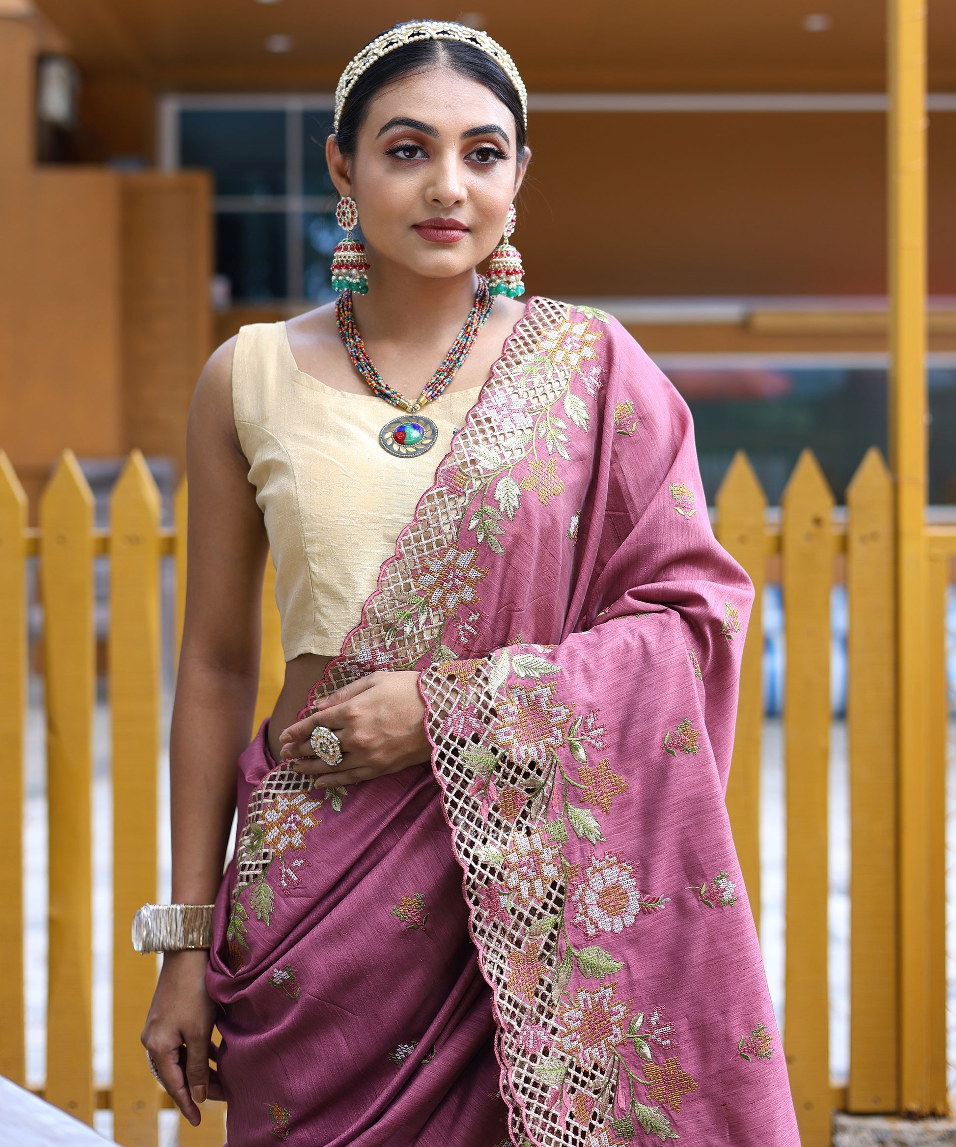 Buy MySilkLove Hopbush Pink Embroidered Tussar Silk Saree Online