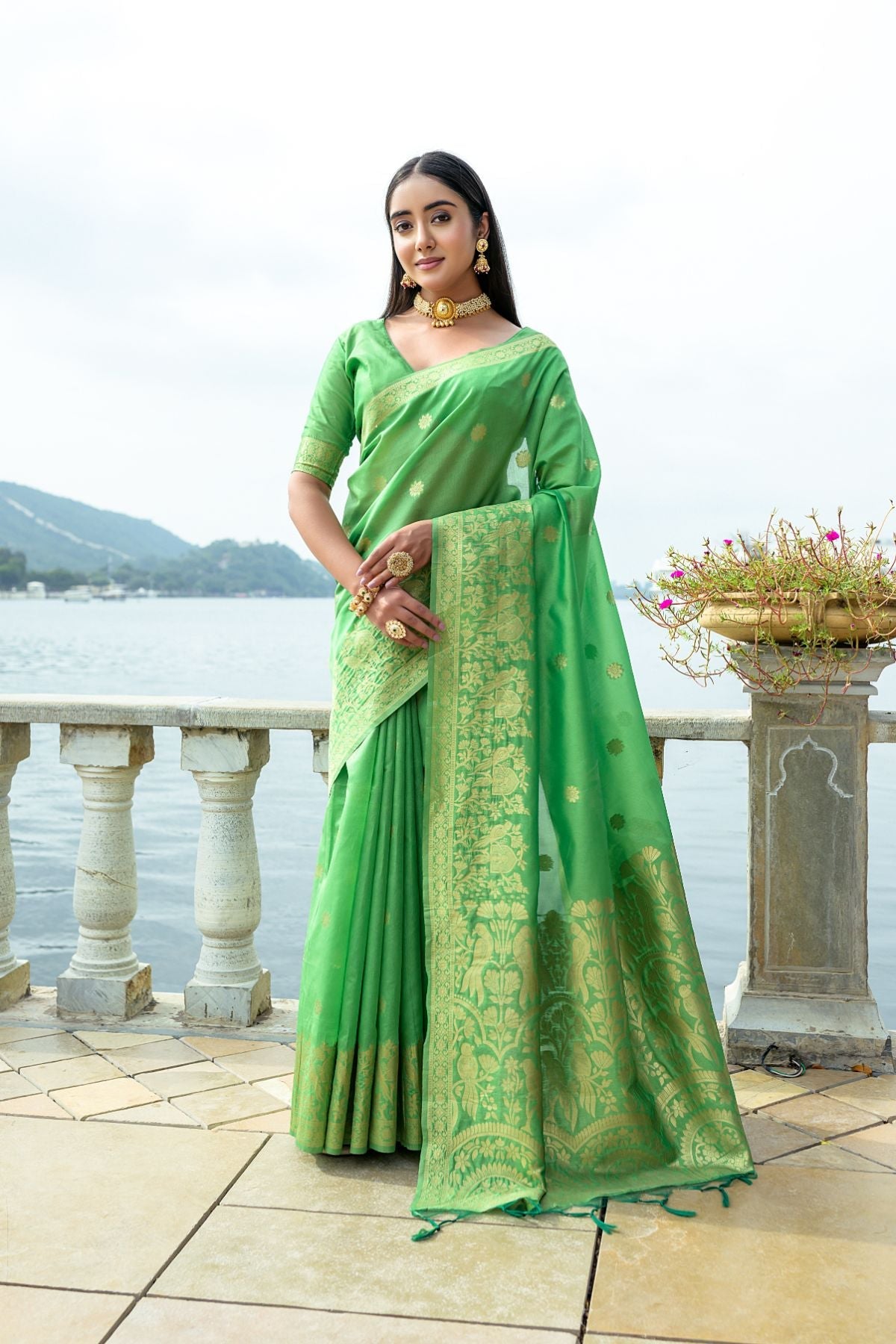 Buy MySilkLove Asparagus Green Banarasi Soft Silk Saree Online