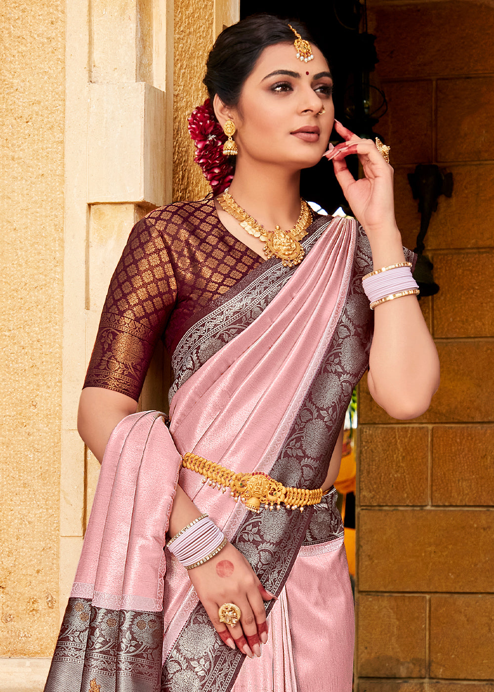 Buy MySilkLove Cosmos Pink and Brown Zari Woven Kanjivaram Saree Online