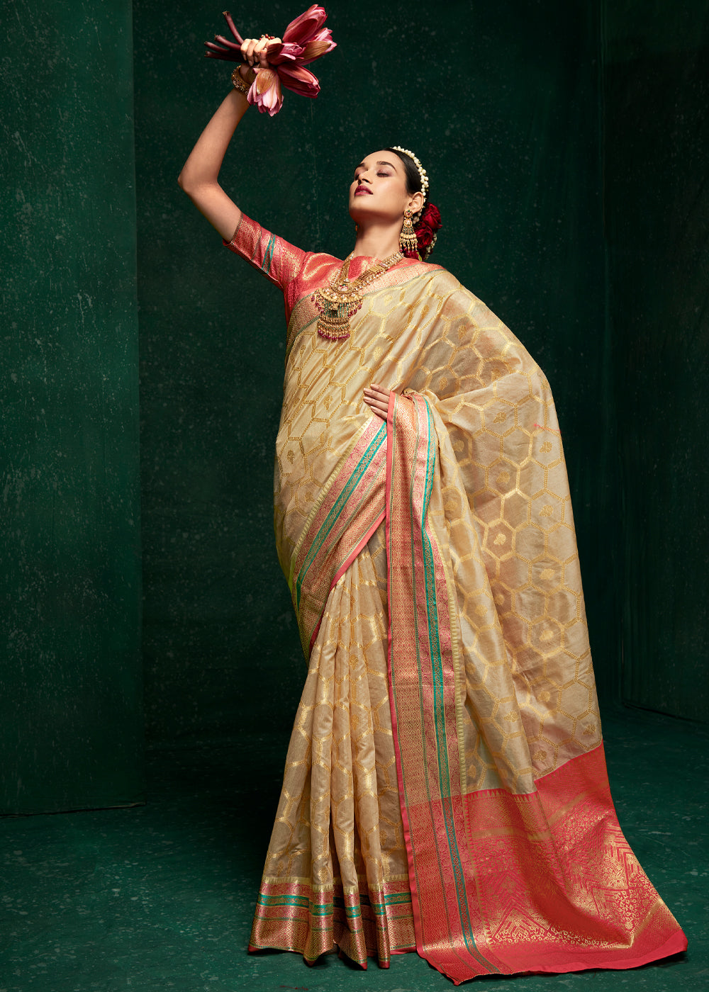 Buy MySilkLove Pavlova Cream Woven Banarasi Silk Saree Online