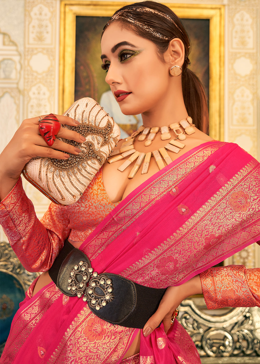 Buy MySilkLove Wild Watermelon Pink Woven Banarasi Organza Silk Saree Online