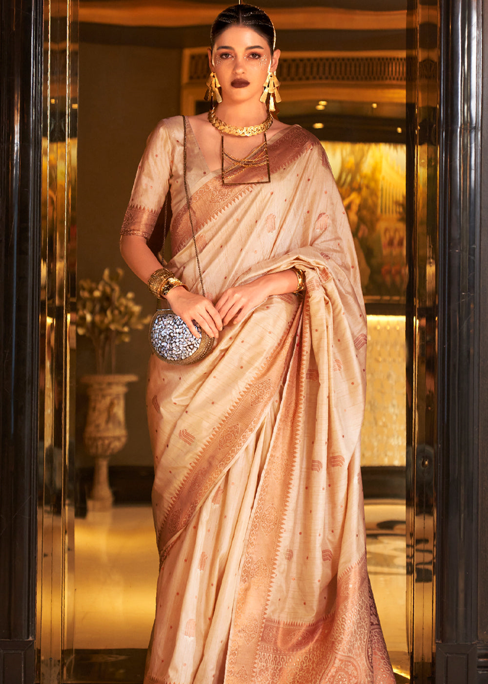 Buy MySilkLove Tumbleweed Cream Bronze Zari Woven Tussar Silk Saree Online