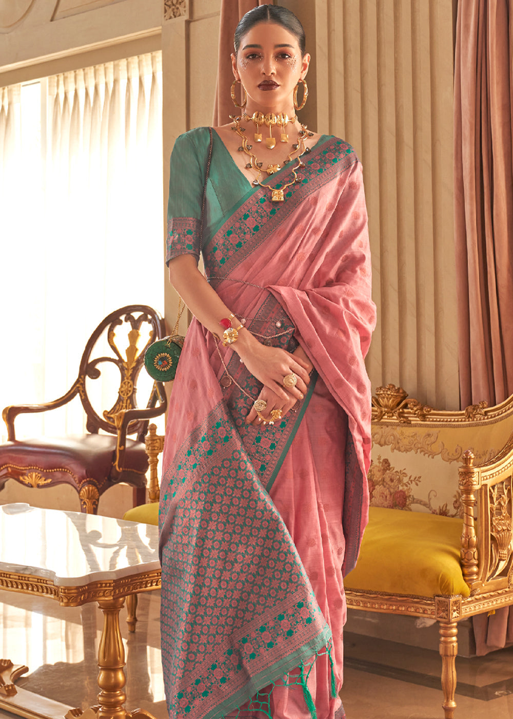 Buy MySilkLove Geraldine Pink Bronze Zari Woven Soft Silk Sarees Online