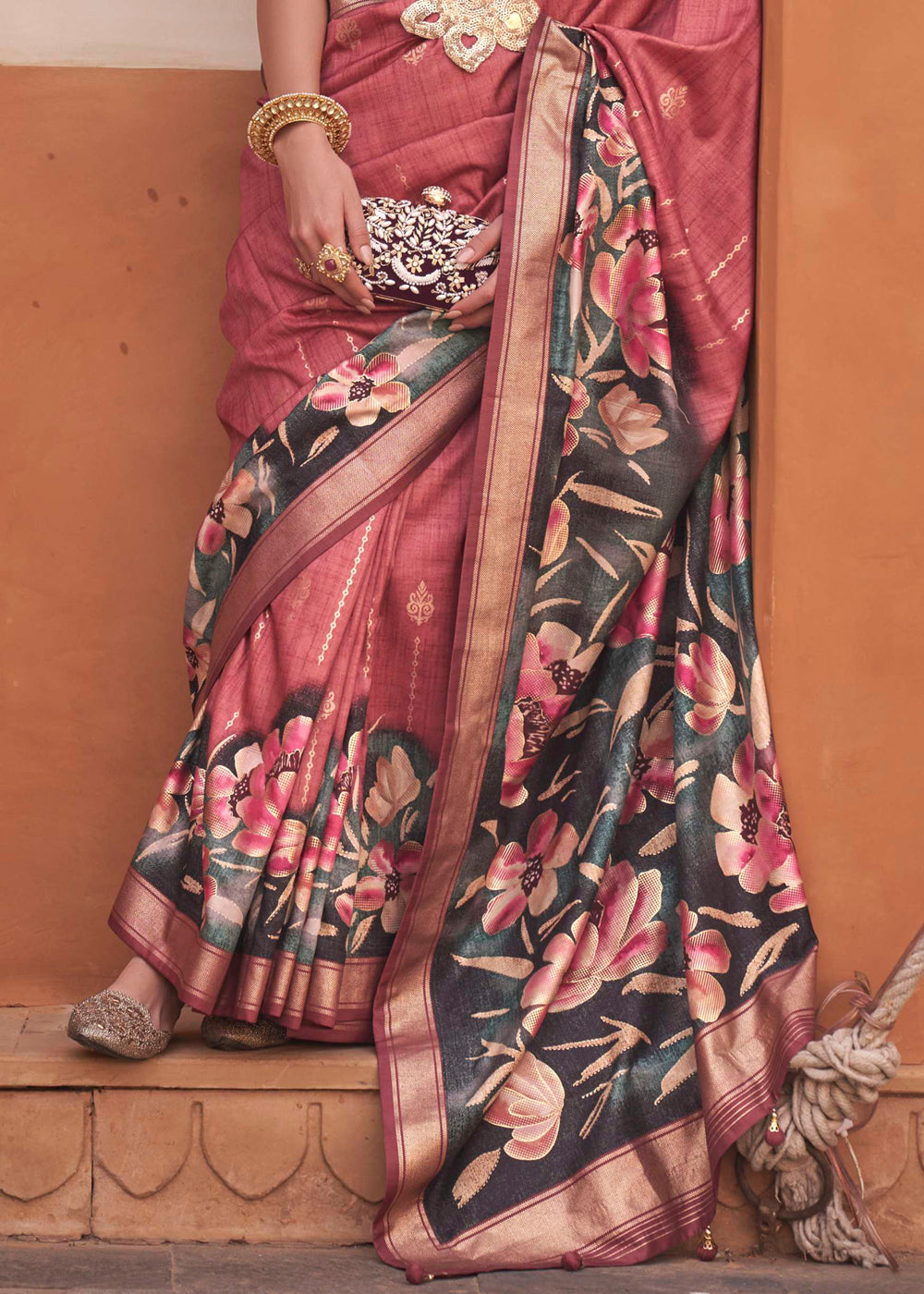 Buy MySilkLove Fuzzy Wuzzy Brown Soft Floral Printed Silk Saree Online