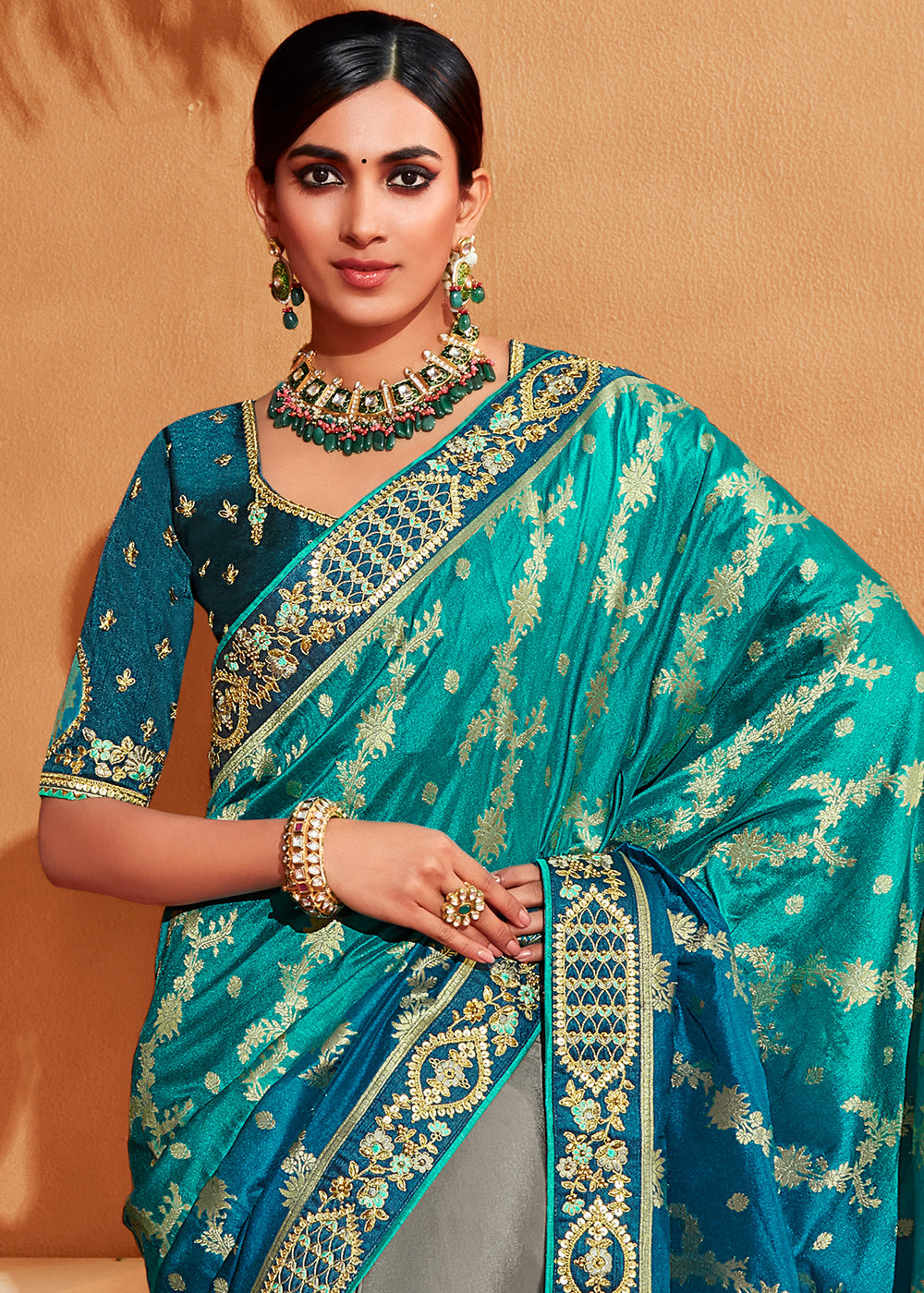 Buy MySilkLove Gossamer Blue Embroidered Banarasi Silk Saree Online