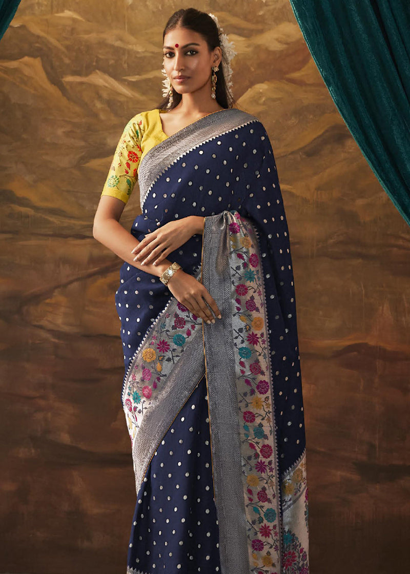 Navy Blue Banarasi Soft Silk Party Wear Saree | Latest Kurti Designs