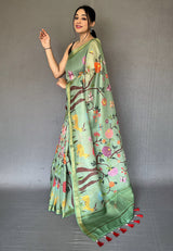 Beryl Green Tissue Printed Kalamkari Silk Saree