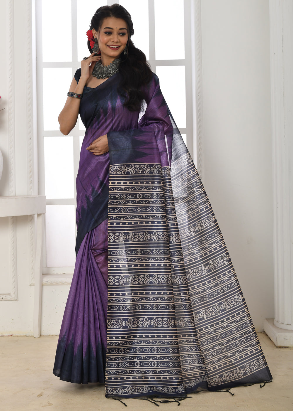 Buy MySilkLove Voodoo Purple Woven Tussar Ikkat Silk Saree Online