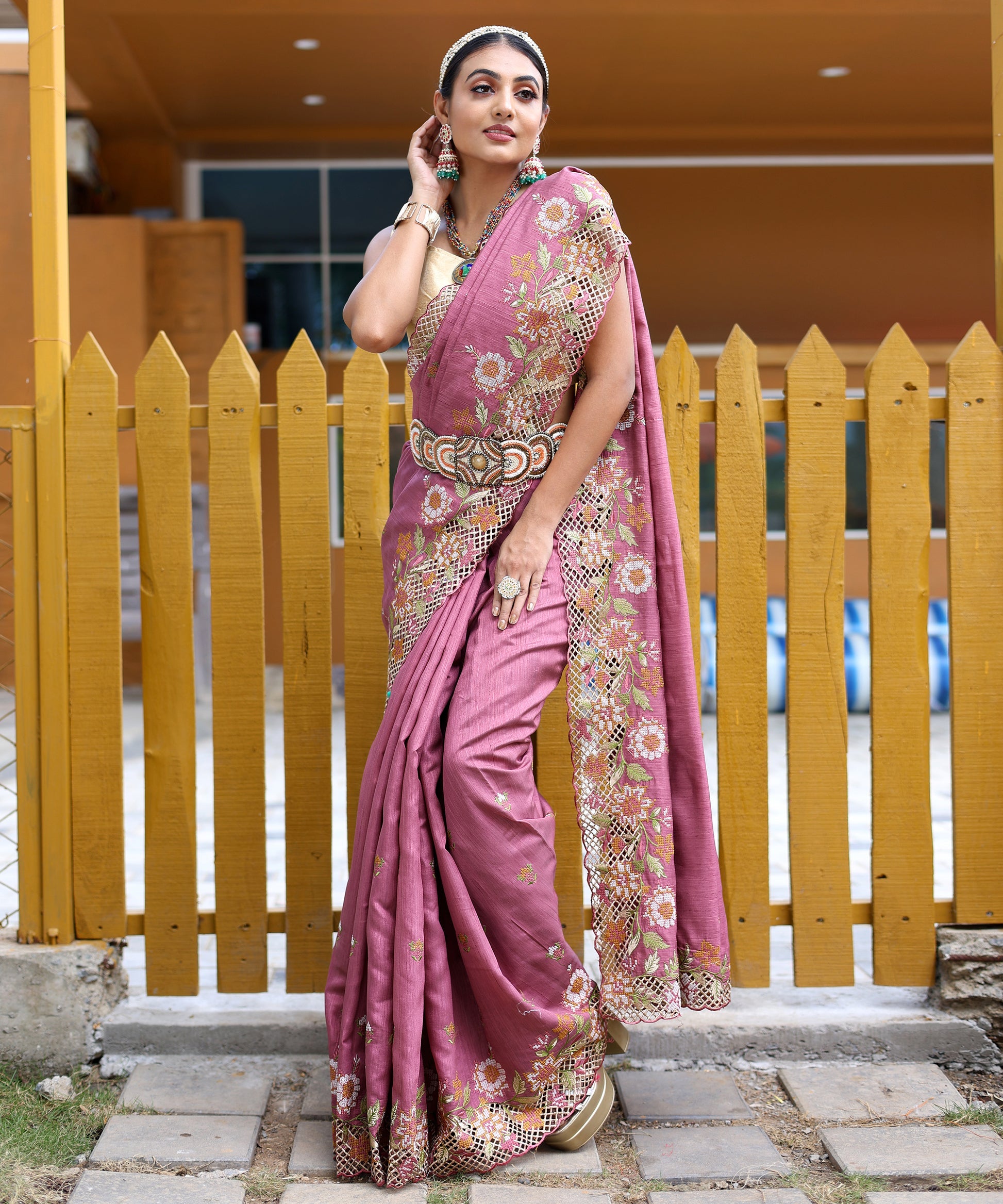 Buy MySilkLove Hopbush Pink Embroidered Tussar Silk Saree Online