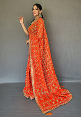 Atomic Orange Embroidered Georgette Bandhani Saree