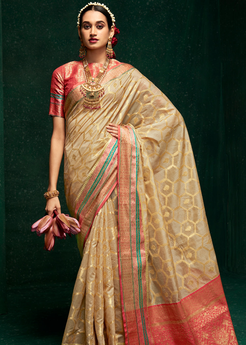 Buy MySilkLove Pavlova Cream Woven Banarasi Silk Saree Online