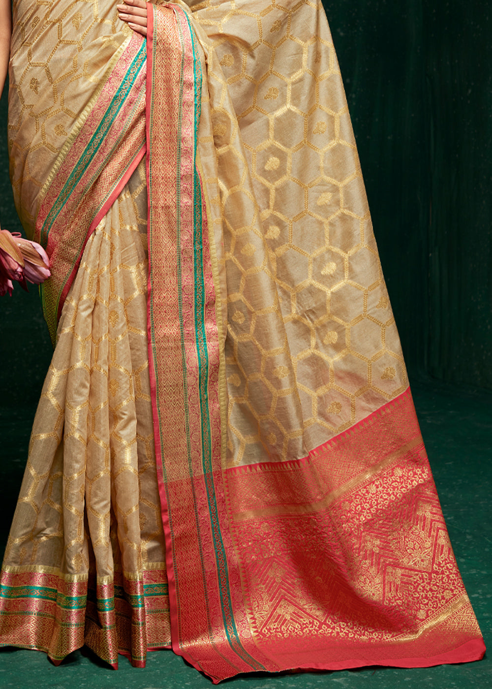 Buy MySilkLove Pavlova Cream Woven Banarasi Silk Saree Online