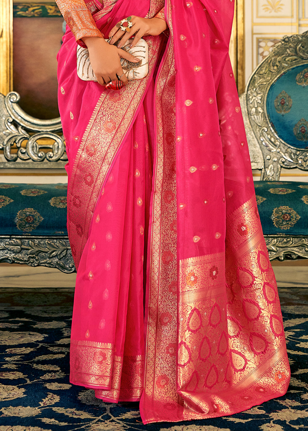 Buy MySilkLove Wild Watermelon Pink Woven Banarasi Organza Silk Saree Online