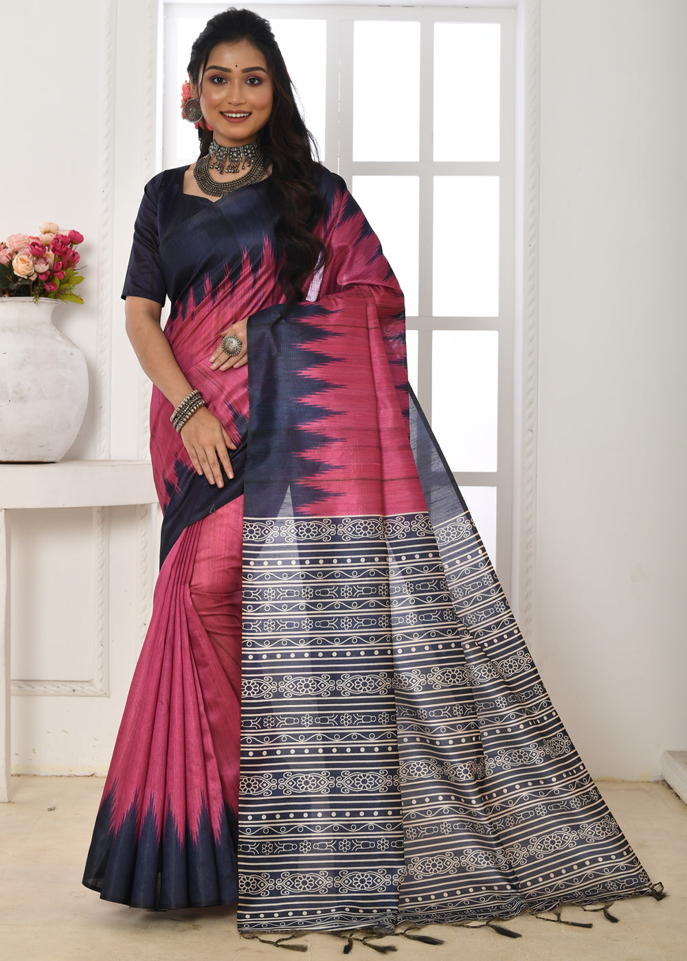 Buy MySilkLove Charm Pink Woven Tussar Ikkat Silk Saree Online