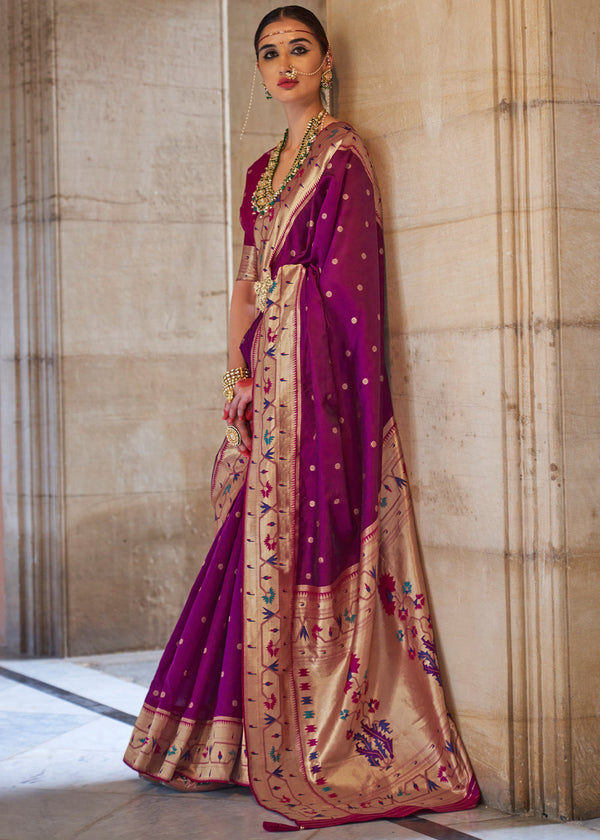Mulberry Wood Purple Woven Paithani Silk Saree