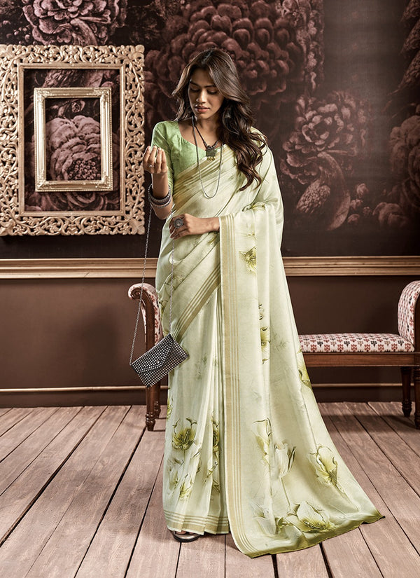 Chino White and Green Handloom Silk Digital Printed Saree
