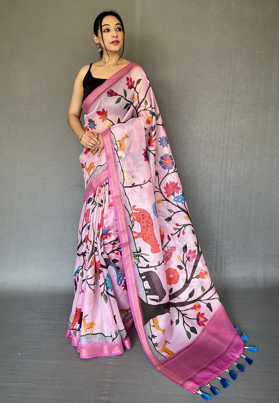 Buy MySilkLove Kobi Pink Tissue Printed Kalamkari Silk Saree Online