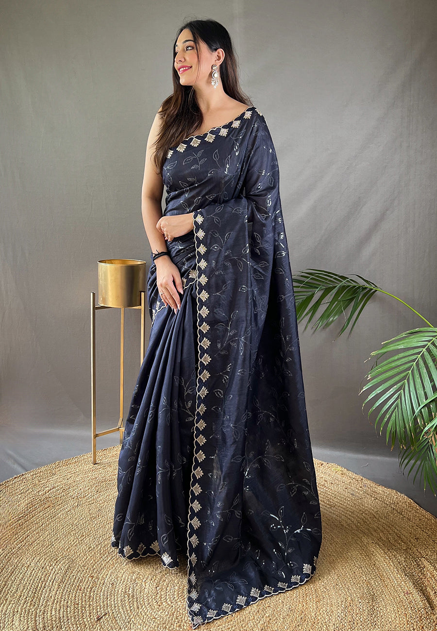 Buy MySilkLove Charade Blue Embroidered Sequins Designer Saree Online