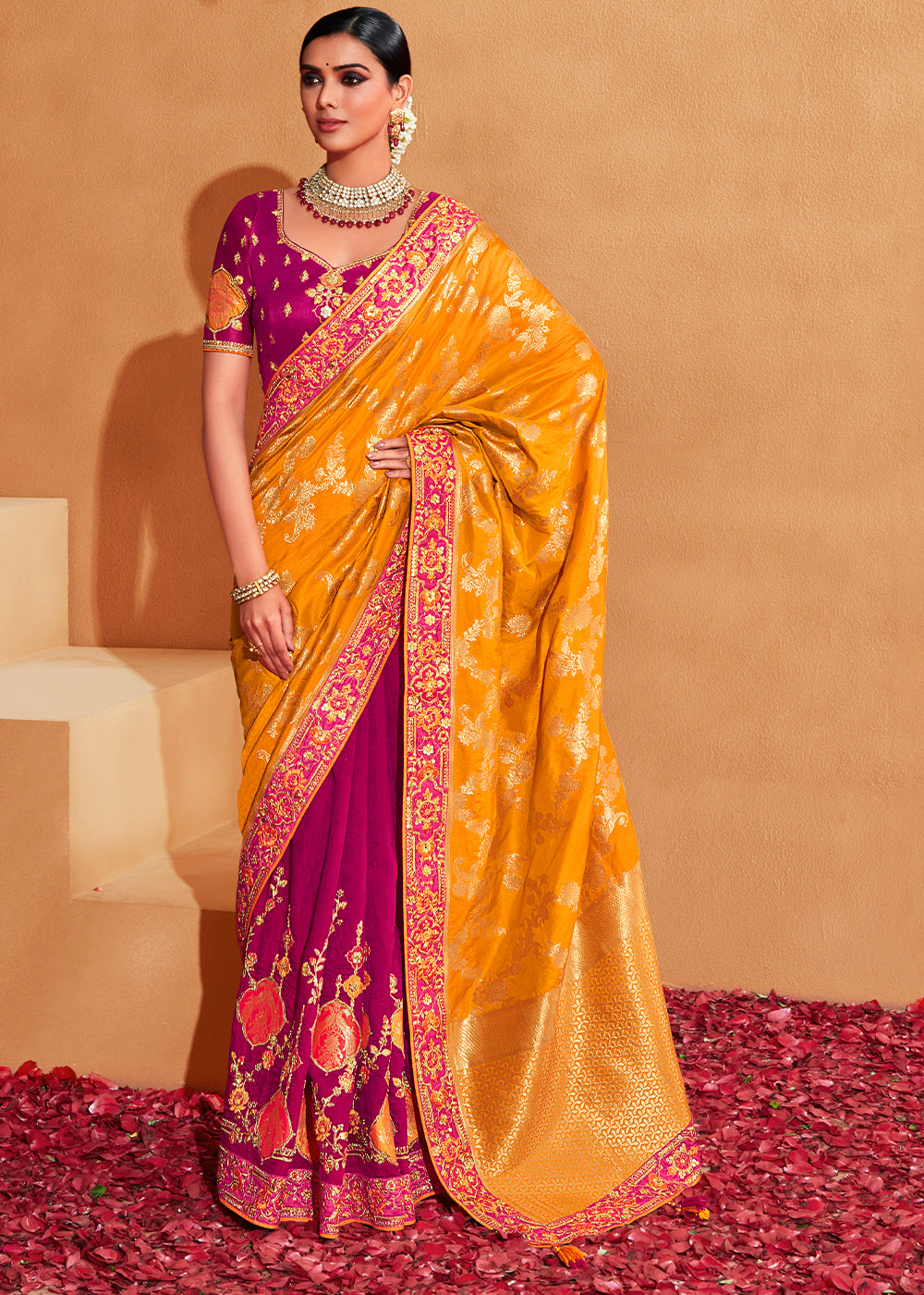 Buy MySilkLove Jazzberry Pink and Yellow Embroidered Banarasi Silk Saree Online