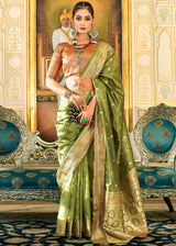 Sycamore Green Woven Banarasi Organza Silk Saree