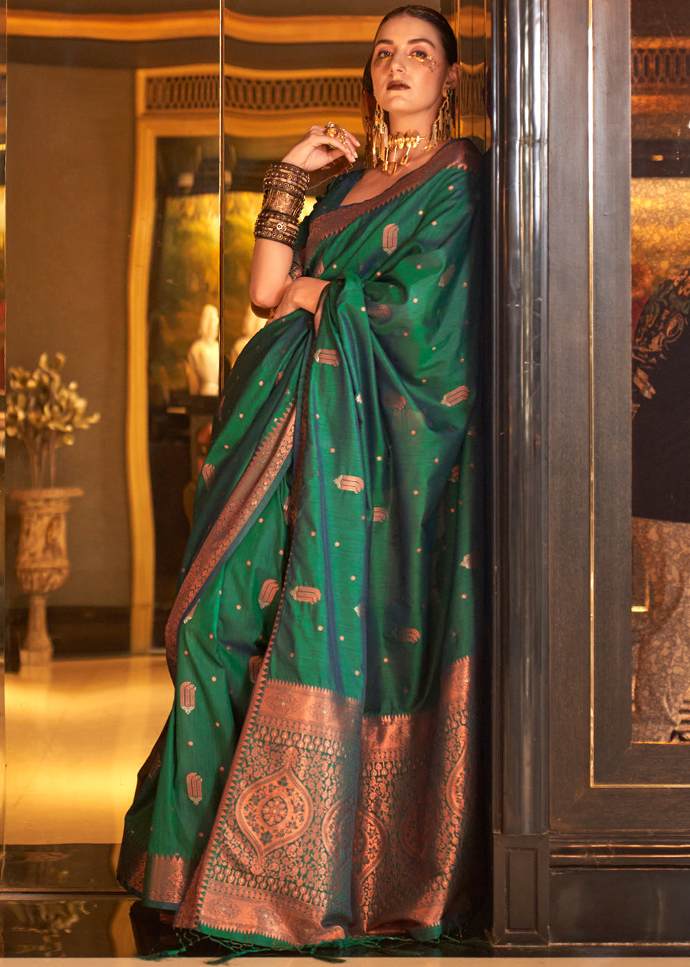 Buy MySilkLove Celtic Green Bronze Zari Woven Tussar Silk Saree Online