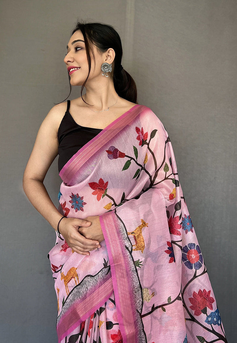 Kobi Pink Tissue Printed Kalamkari Silk Saree