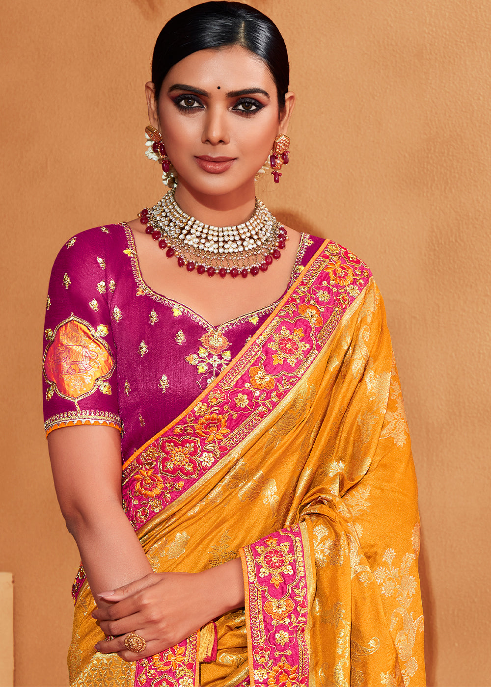 MySilkLove Jazzberry Pink and Yellow Embroidered Banarasi Silk Saree
