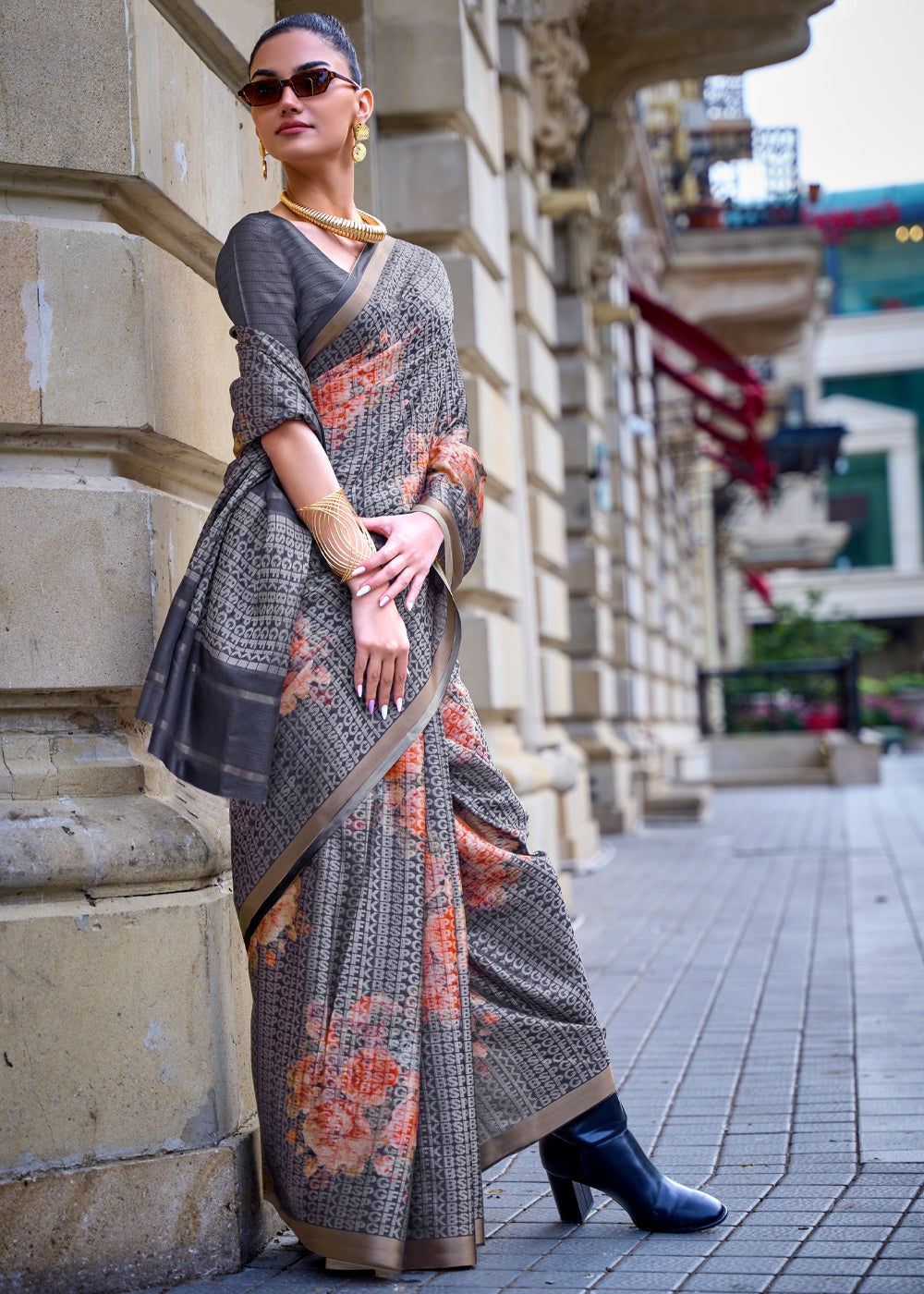 Buy MySilkLove Scarpa Flow Grey Printed Handloom Weaving Saree Online