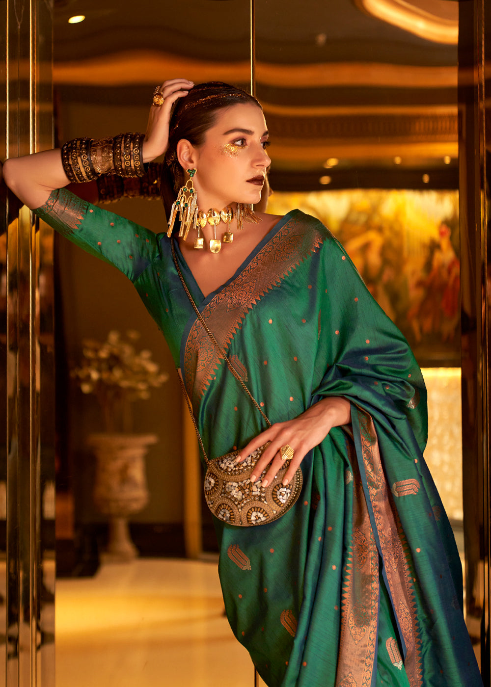 Buy MySilkLove Celtic Green Bronze Zari Woven Tussar Silk Saree Online