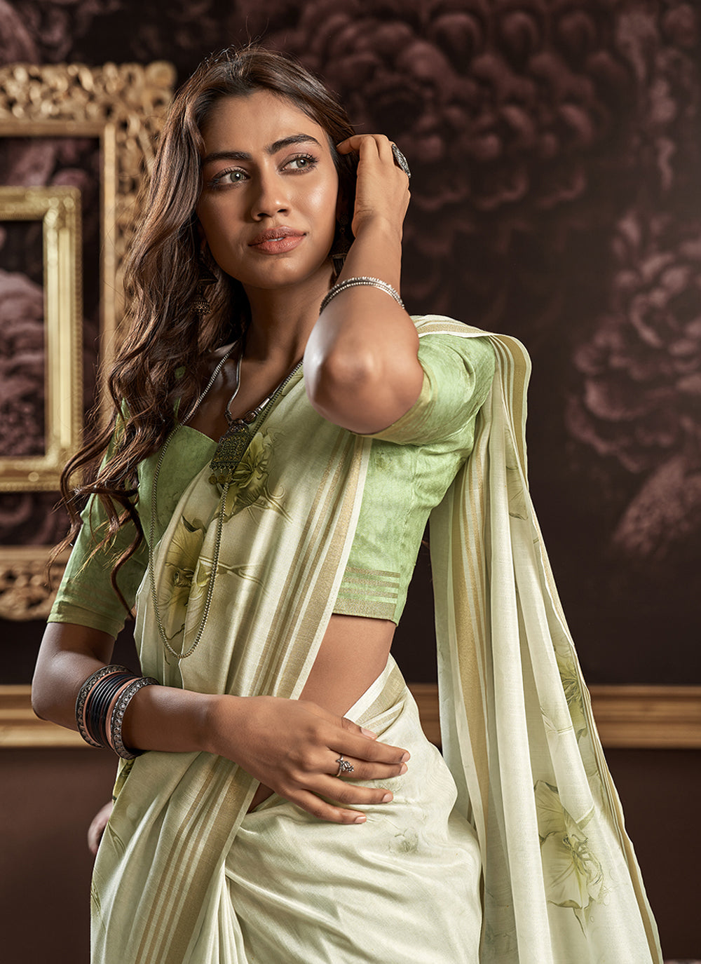 MySilkLove Chino White and Green Handloom Silk Digital Printed Saree
