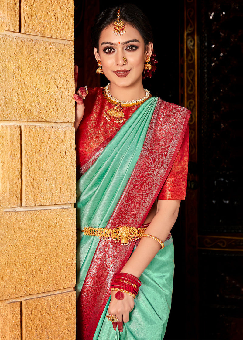 Silver Tree Green and Red Zari Woven Kanjivaram Saree