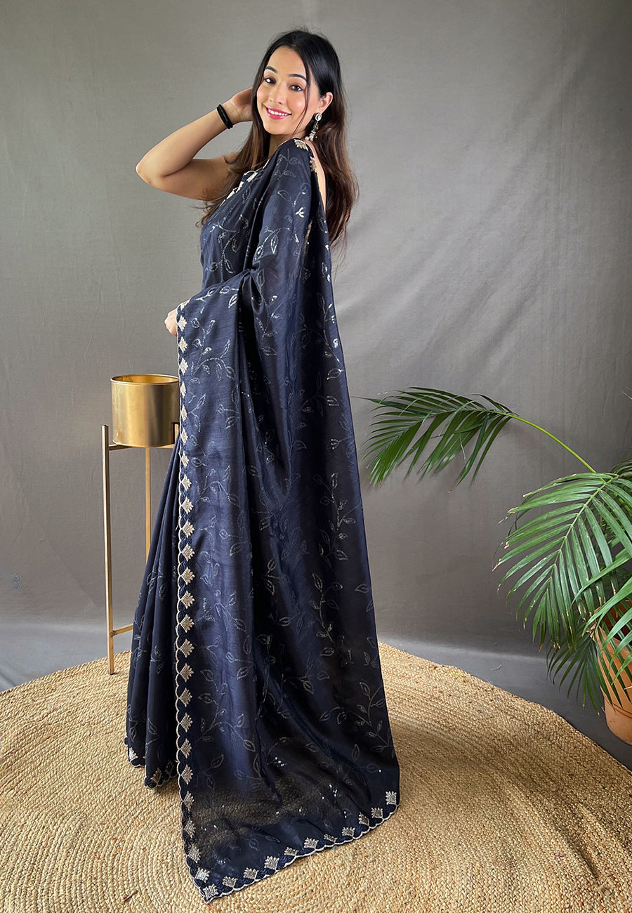 Buy MySilkLove Charade Blue Embroidered Sequins Designer Saree Online