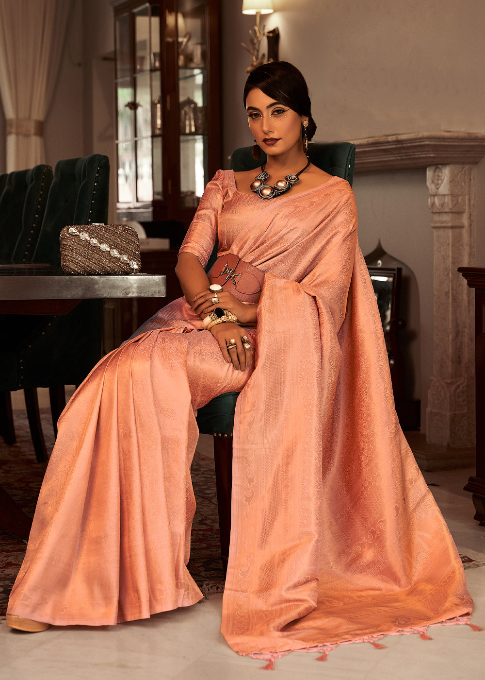 Buy MySilkLove Flesh Peach Woven Kanjivaram Silk Saree Online