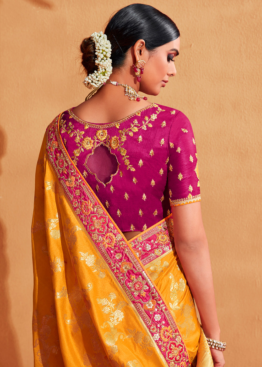 Buy MySilkLove Jazzberry Pink and Yellow Embroidered Banarasi Silk Saree Online