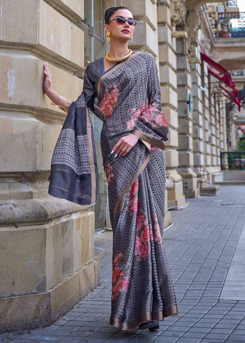 Buy MySilkLove Scarpa Flow Grey Printed Handloom Weaving Saree Online