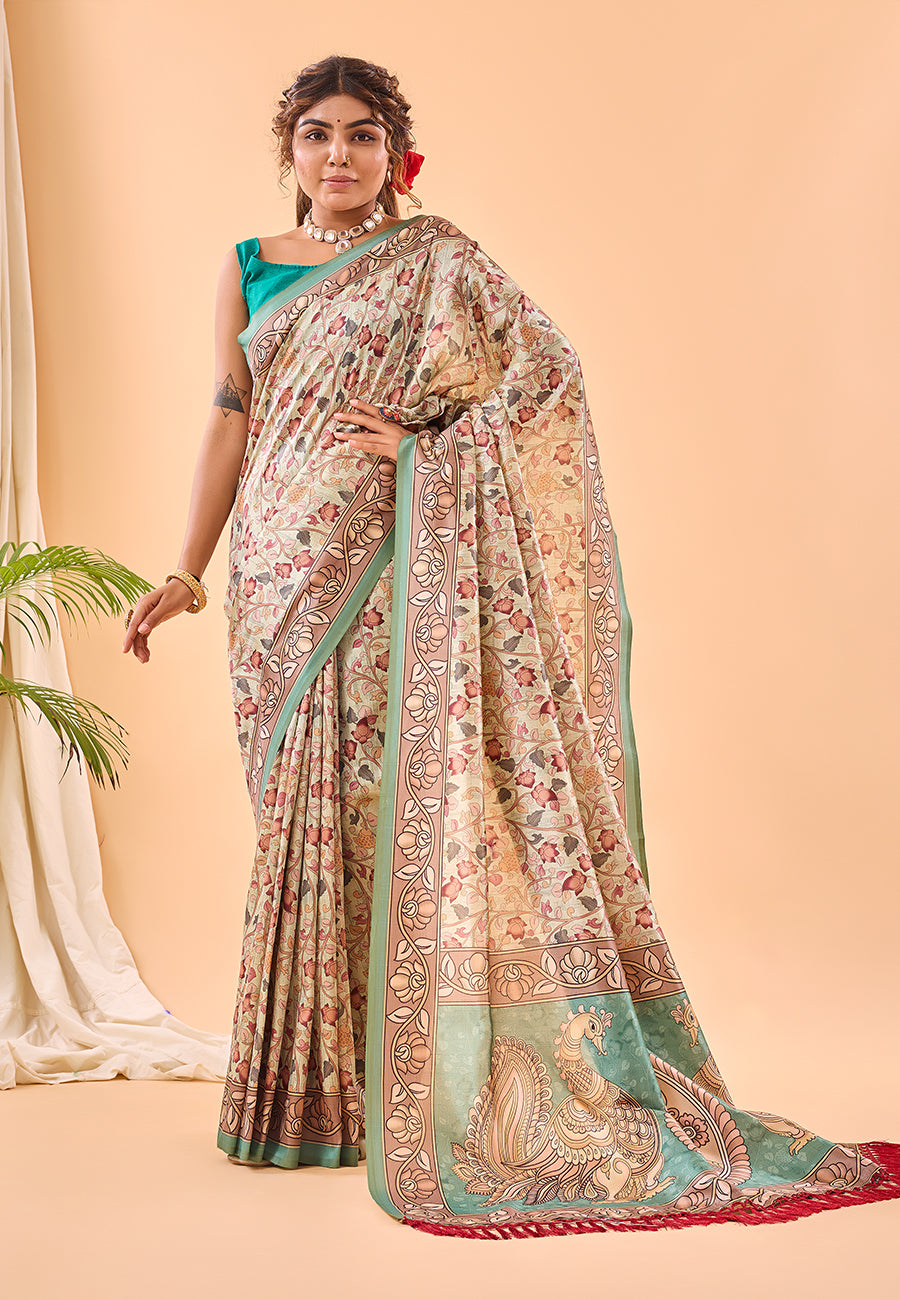 Buy MySilkLove Summer Blue Floral Kalamkari Printed Saree Online