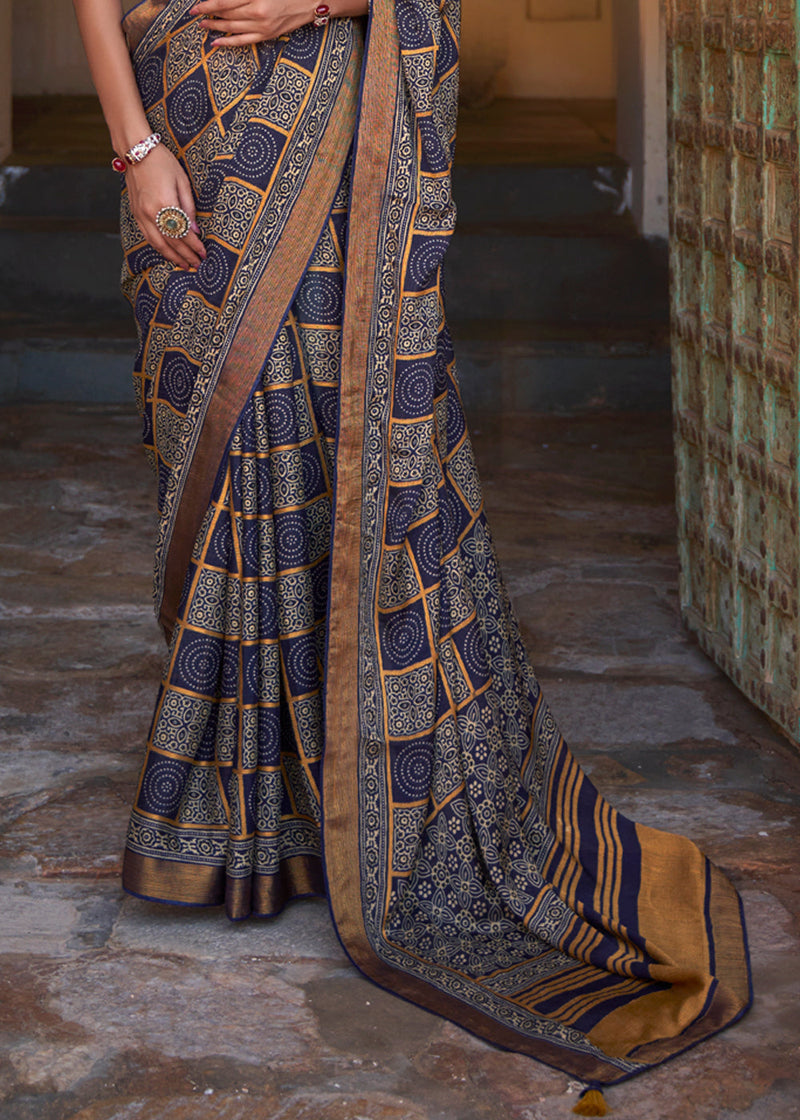 Tuna Blue Printed Soft Silk Saree