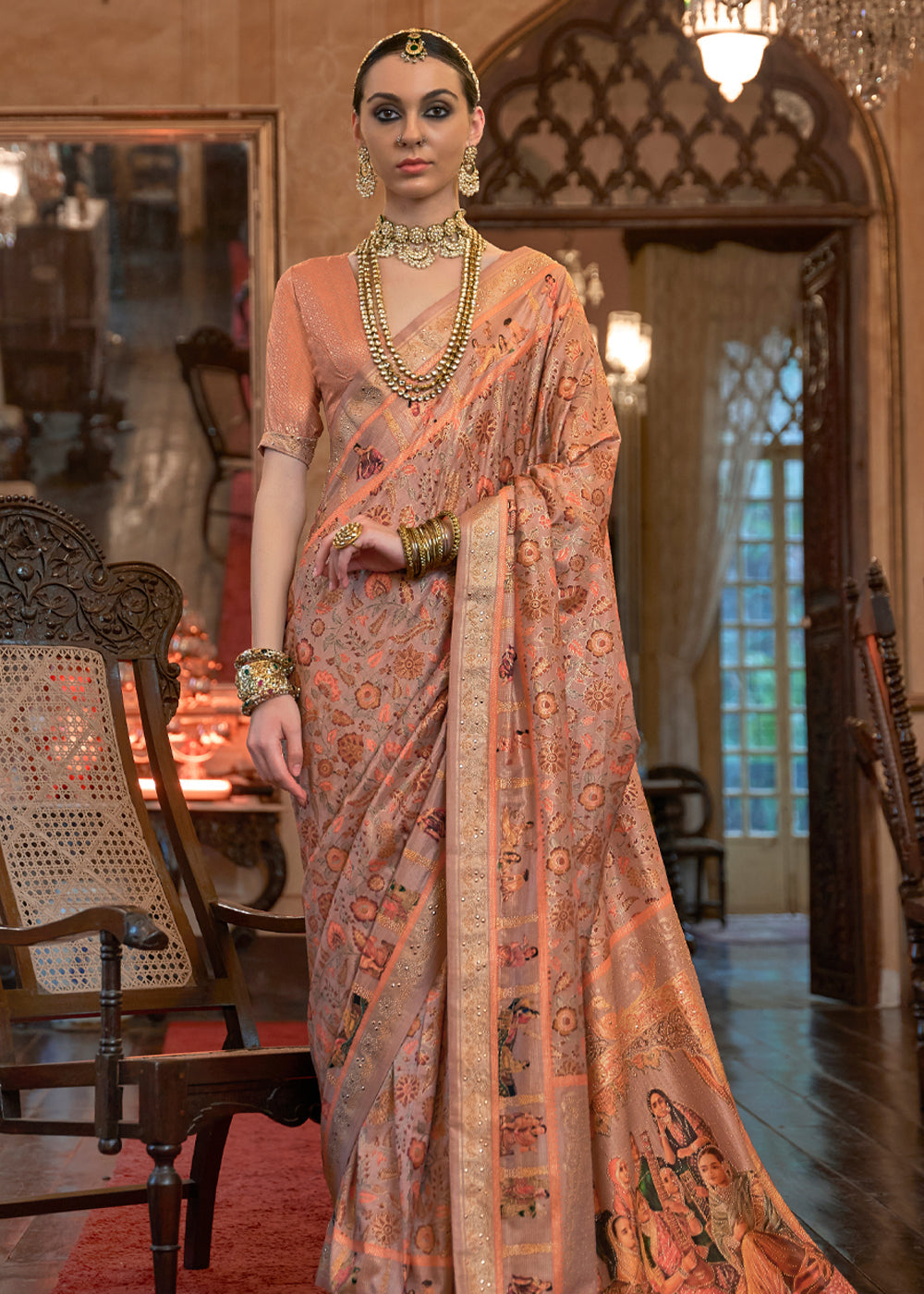 Buy MySilkLove Gold Peach Woven Digital Printed Patola Saree Online