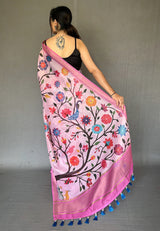 Kobi Pink Tissue Printed Kalamkari Silk Saree