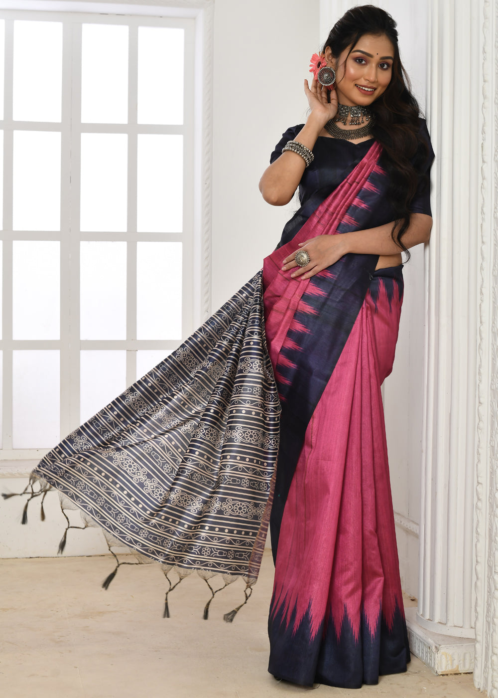 Buy MySilkLove Charm Pink Woven Tussar Ikkat Silk Saree Online