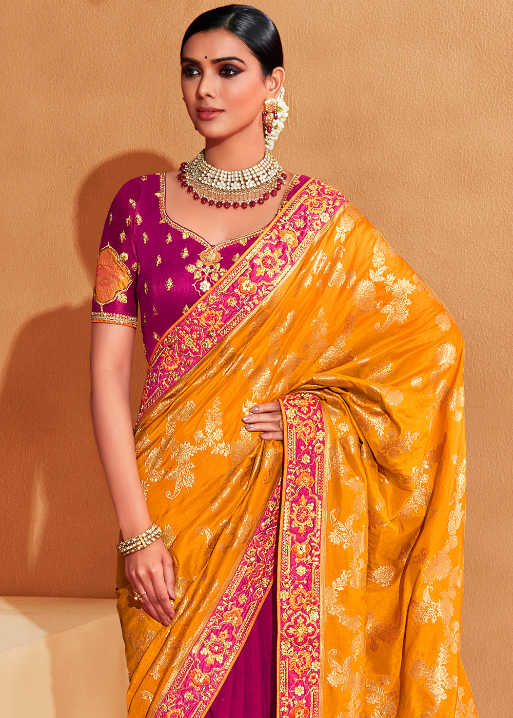 Buy MySilkLove Jazzberry Pink and Yellow Embroidered Banarasi Silk Saree Online