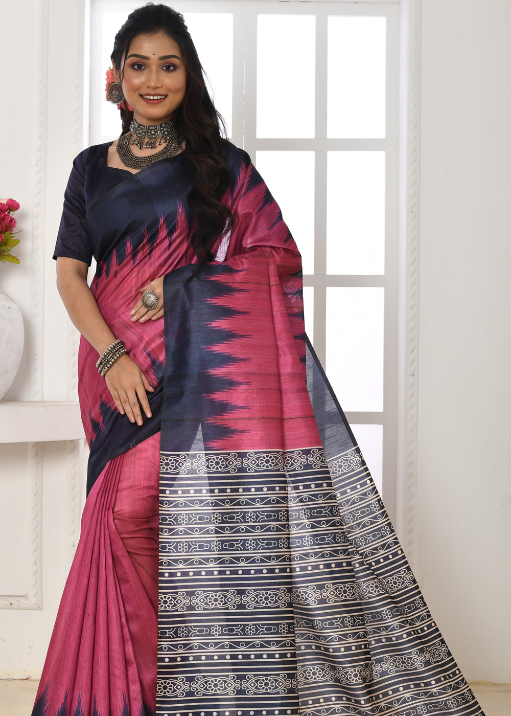 Buy MySilkLove Charm Pink Woven Tussar Ikkat Silk Saree Online