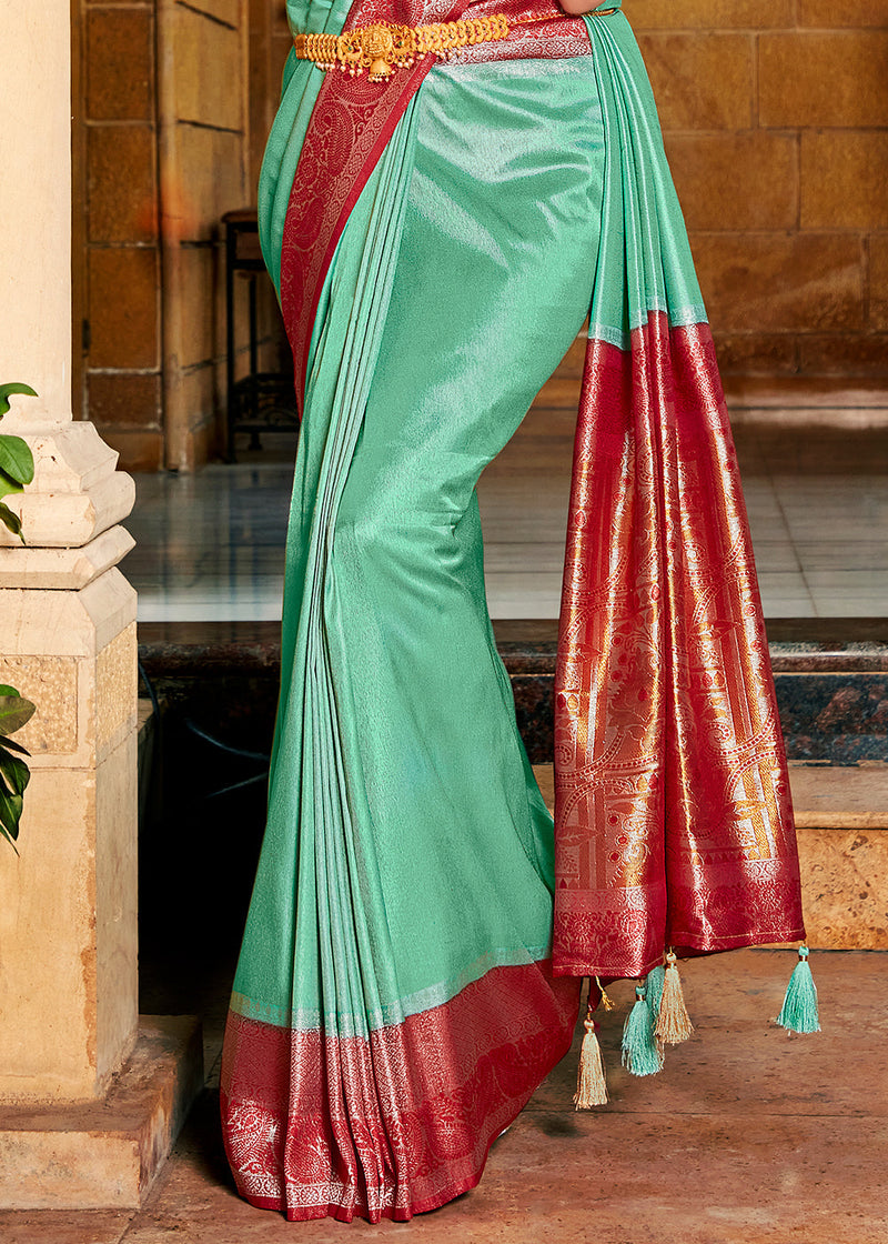 Silver Tree Green and Red Zari Woven Kanjivaram Saree