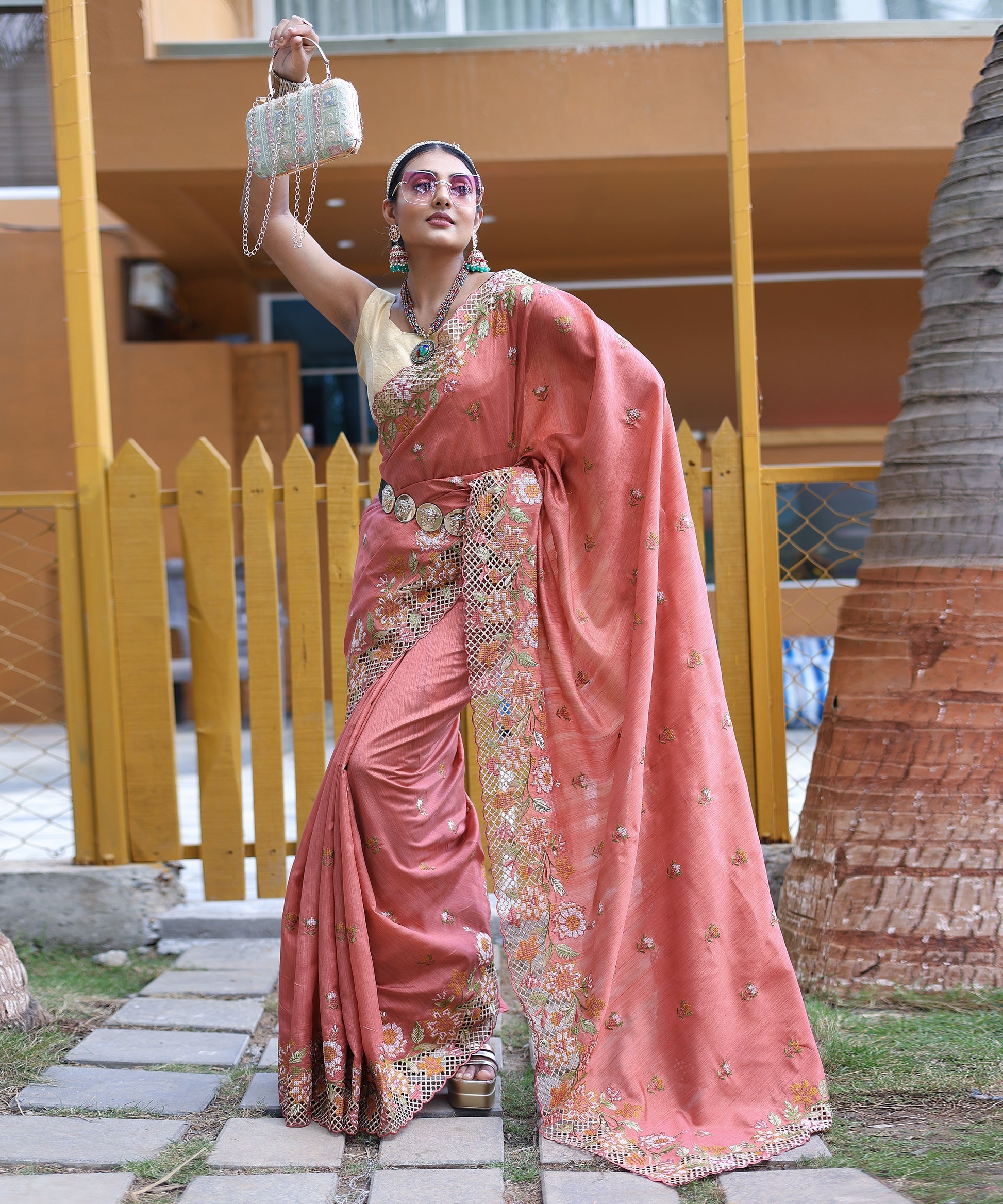 Buy MySilkLove Twine Peach Embroidered Tussar Silk Saree Online