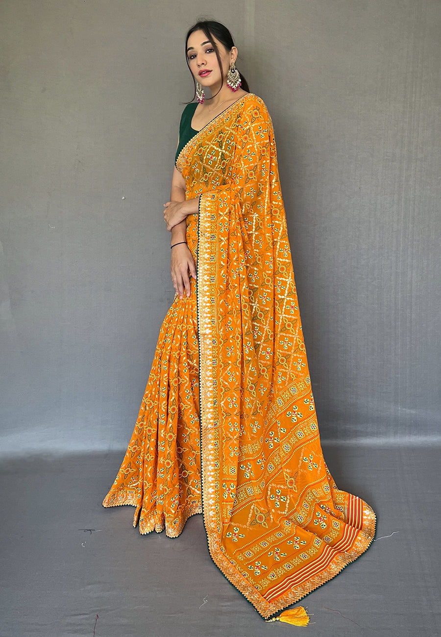 Buy MySilkLove Fire Bush Orange Embroidered Georgette Bandhani Saree Online