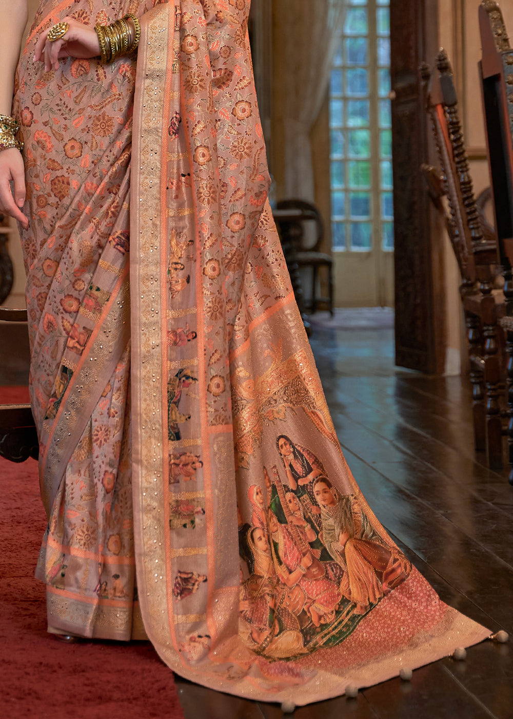 Buy MySilkLove Gold Peach Woven Digital Printed Patola Saree Online