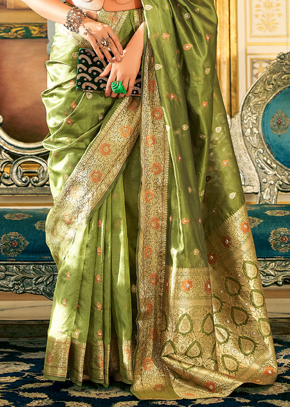 Buy MySilkLove Sycamore Green Woven Banarasi Organza Silk Saree Online