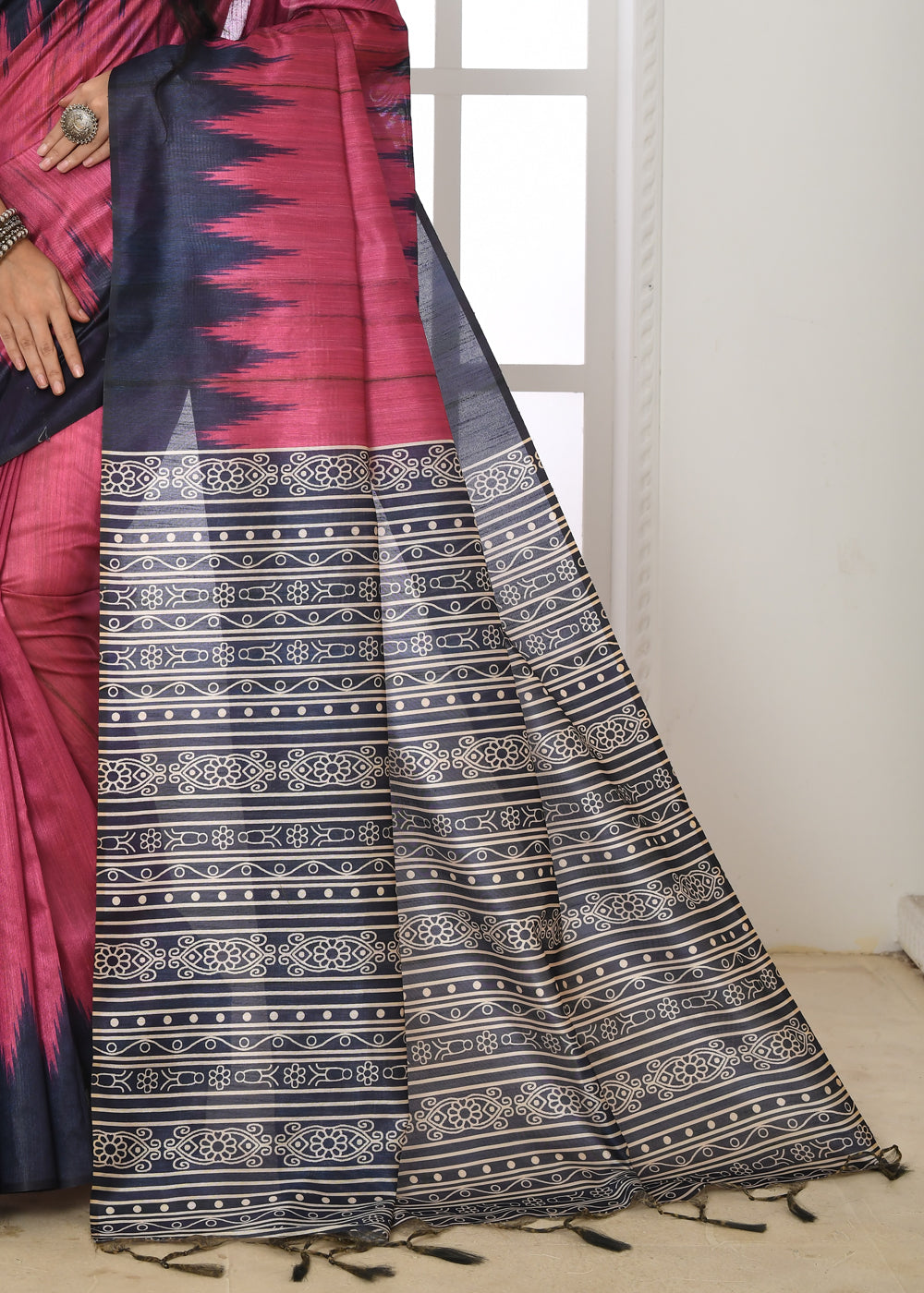 Buy MySilkLove Charm Pink Woven Tussar Ikkat Silk Saree Online