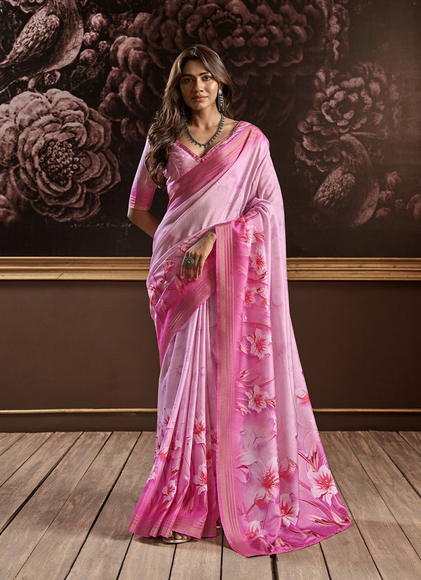 Charm Pink Handloom Silk Digital Printed Saree